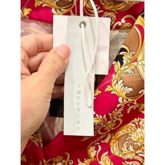 NWT Imperial Printed Silky Faux Wrap Midi Dress Burgundy/Yellow/Black Women's L - Picture 3 of 5